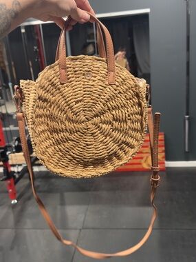 Woven Round Straw Crossbody Bag - Tan